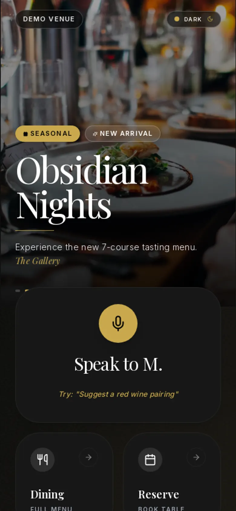 MenuMuze guest menu with M on a phone